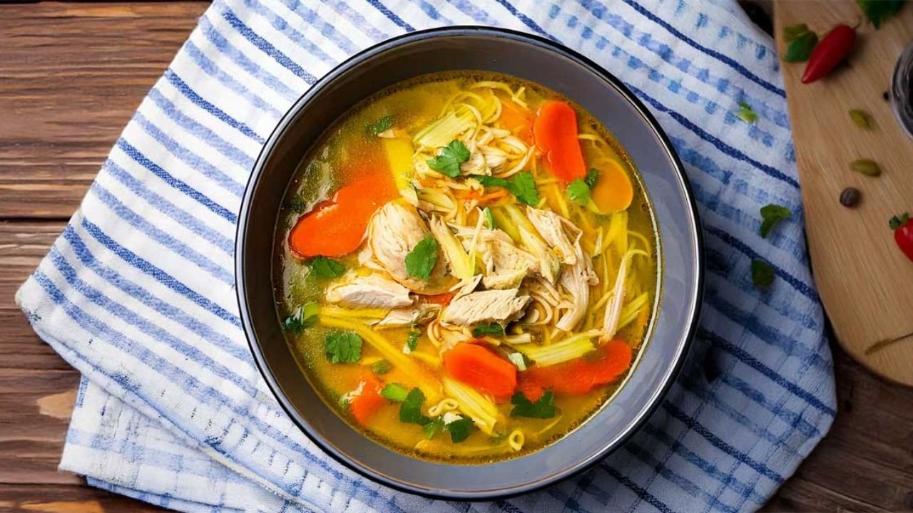 Ginger Chicken Noodle Soup with Carrots and Celery